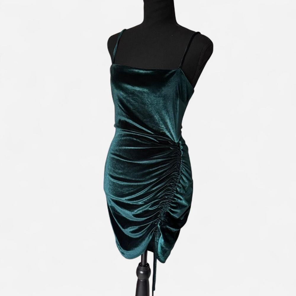 Emerald bodycon mini dress ruched‎ green velour strappy sz L prom gothic